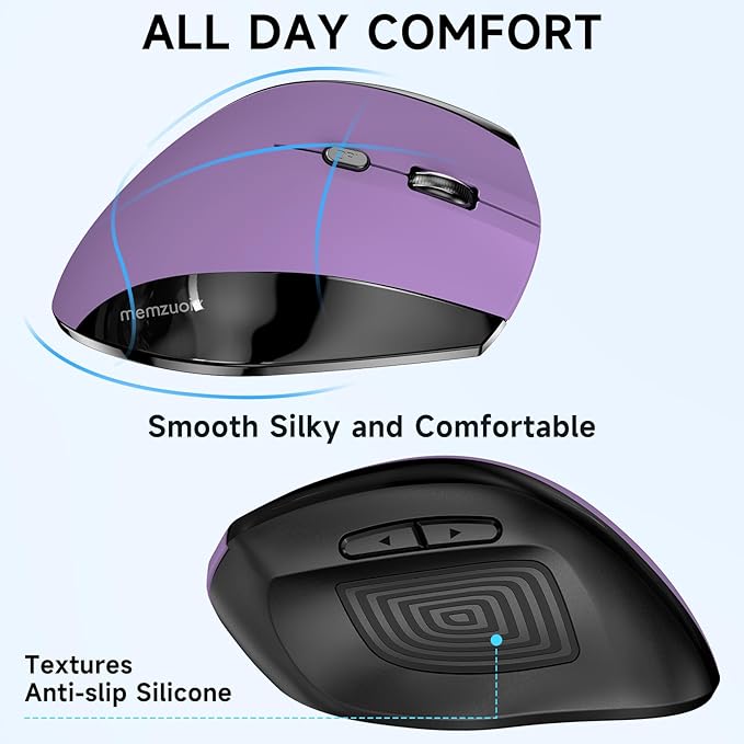 memzuoix Ergonomic Vertical Wireless Mouse - 2.4G Optical Cordless Mice with 3 DPI Levels (800/1200/1600) - Right-Handed Large Size Mouse for Laptop, Mac, PC, Desktop-Purple