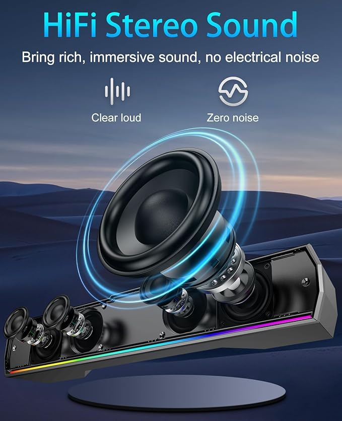 Kunodi USB Computer Speakers for Desktop Monitor, PC Speakers with Stereo Sound, Colorful Light Modes, Plug & Play, USB C Powered for Computer Laptop Monitor Tablet Work