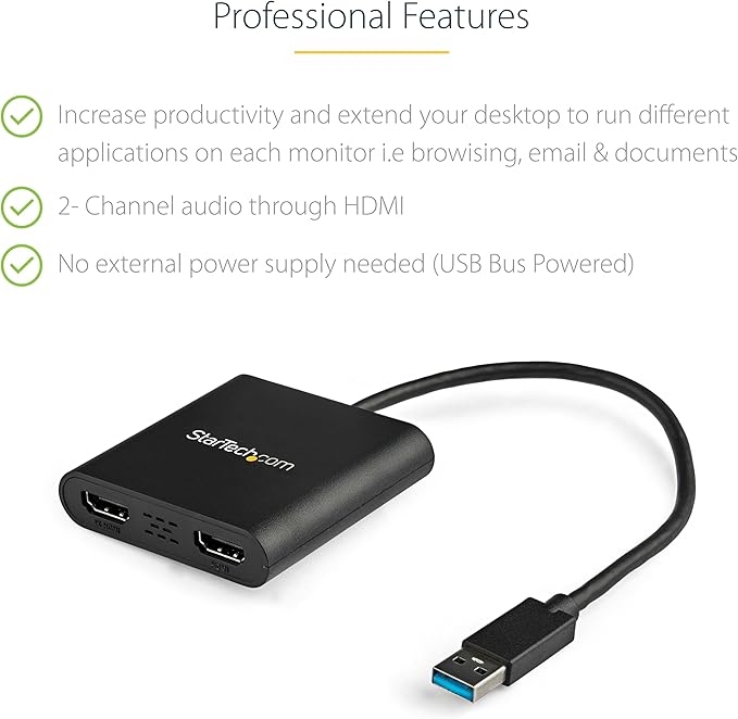 StarTech USB-A 3.0 to Dual HDMI Adapter for Windows, Dual Monitor USB to 2x HDMI Display Converter, 4K 30Hz + 1080p 60Hz, Extend or Mirror Multi-Screen Setup