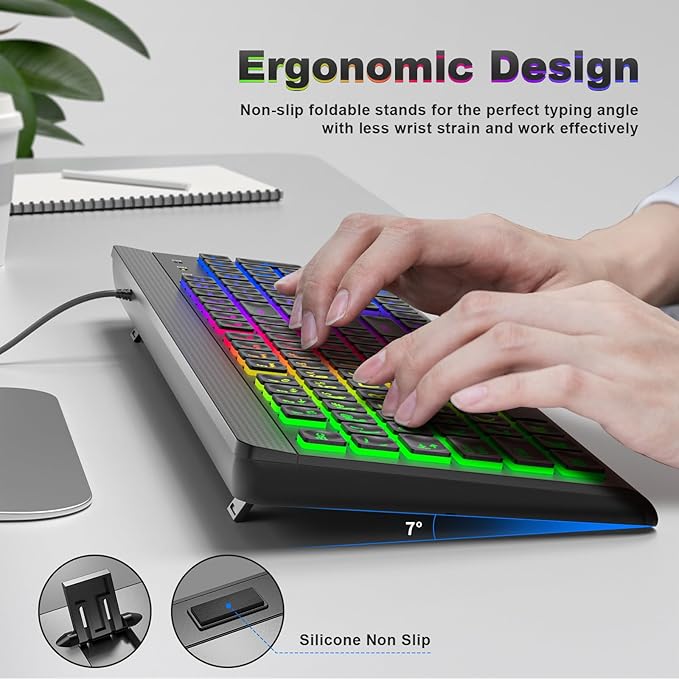 Large Print Backlit Keyboard, Multiple Color Rainbow LED Backlit Large Size USB Wired Computer Keyboard, Full Size Multimedia Keyboard for Windows Desktop, Laptop, PC
