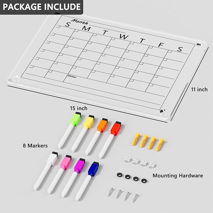 Acrylic Calendar Whiteboard for Wall, 15"x11" Small Clear Monthly Planner Dry Erase White Board for List, Kitchen, Planning, Memo