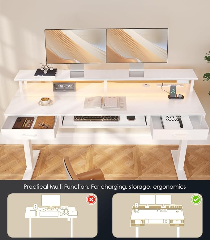 OffiGo Electric Standing Desk with Drawers & Keyboard Tray, 63 Inch Height Adjustable Desk with Power Outlets & LED Lights, Sit Stand Table with Monitor Stand for Home, Office, White