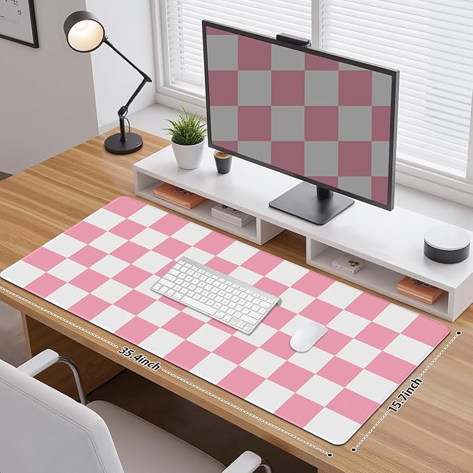 Pink White Desk Pad Mouse Pad, Checkered Pattern Large Gaming Mouse Mat with Stitched Edges, Non-Slip Waterproof Rubber Base Mous Mat for Office Computer Keyboard Laptop Home Decor (35.4X17.5 in)