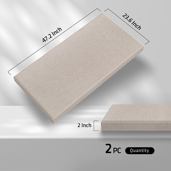 2” Thick Acoustic Panels with Hanging Hardware, 2 PCS 47.2” x 23.6” Fiberglass Sound Absorbing Panels for Home Theater Church Office Wall, Linen