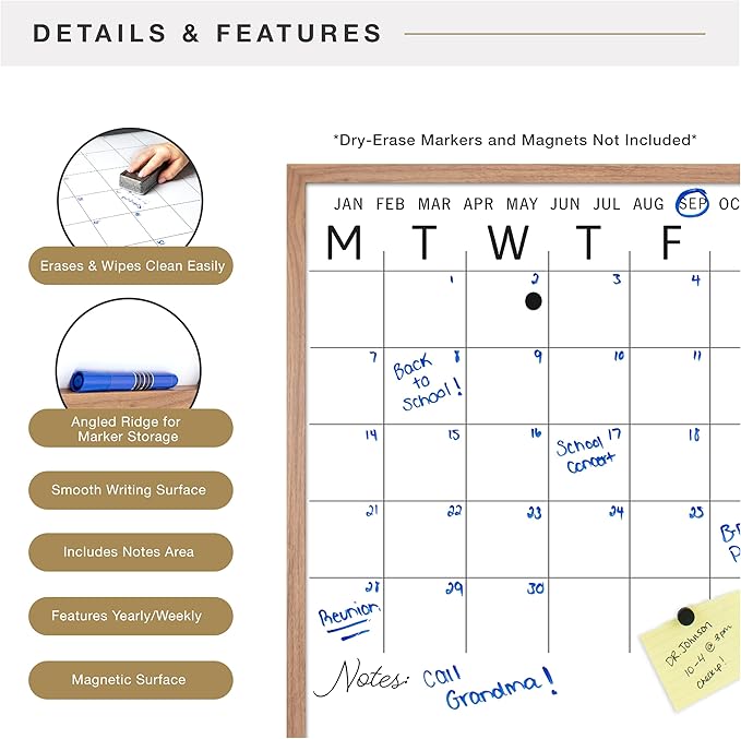 MCS Dry Erase Calander 24x24 Walnut Framed Monthly Calendar for The Wall, Stay Organized with Family Planner for Appointments, Sports, Events & More