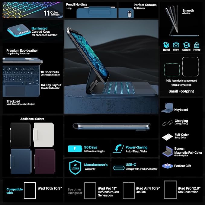 typecase Edge Keyboard Case for iPad 11th Gen A16 (2025) & 10th Gen 10.9" (2022) – Multi-Touch Trackpad, 11-Color Backlit Magic-Style Keyboard – Floating Magnetic Stand, Pencil Holder – Pacific Blue
