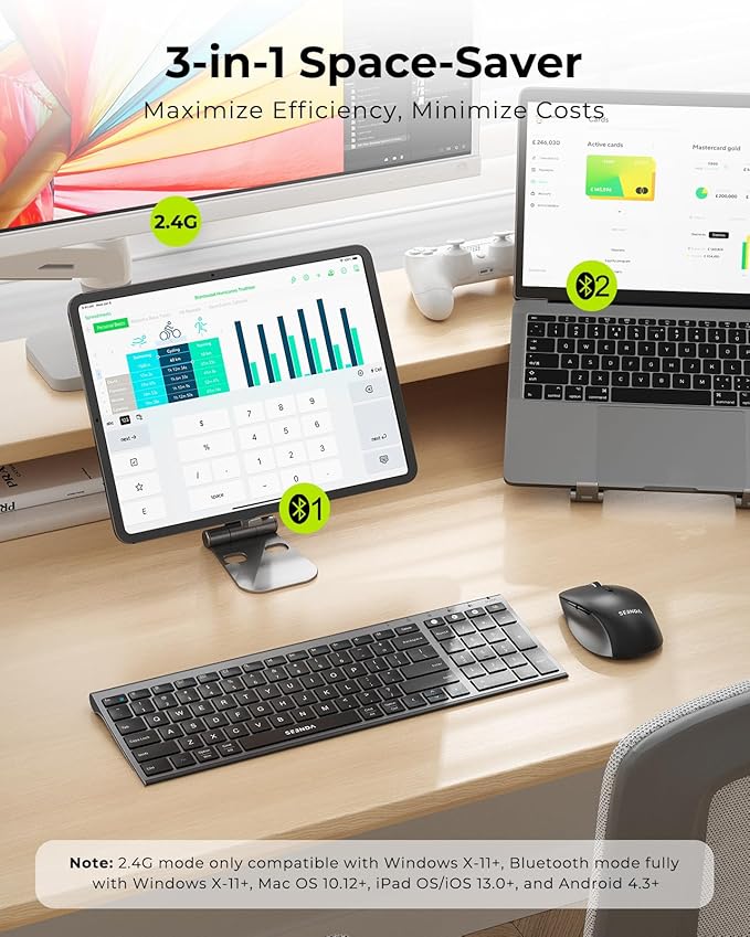 seenda Wireless Bluetooth Keyboard and Mouse Combo, COE401 Rechargeable Slim Keyboard Mouse, 3 Multi-Device Connection, Compact Quiet Set Compatible for Mac/Windows Laptop MacBook iPad, Black Gray