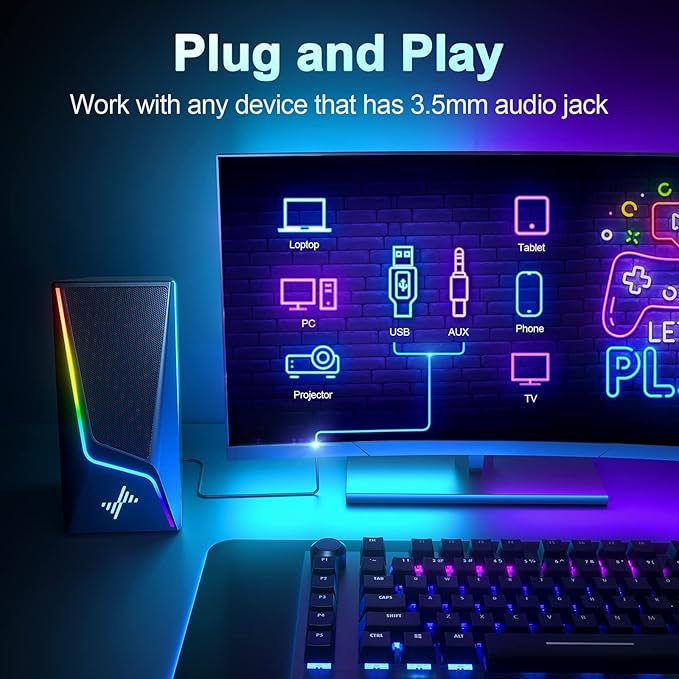 Nylavee Computer Speakers, PC Speakers with 6 Lighting Modes, USB Powered Computer Speakers for Desktop PC with 2 Bass-Boost Ports, 2 Speaker Units, and 3.5mm Aux-in for PC, Laptop, Monitor, Gaming