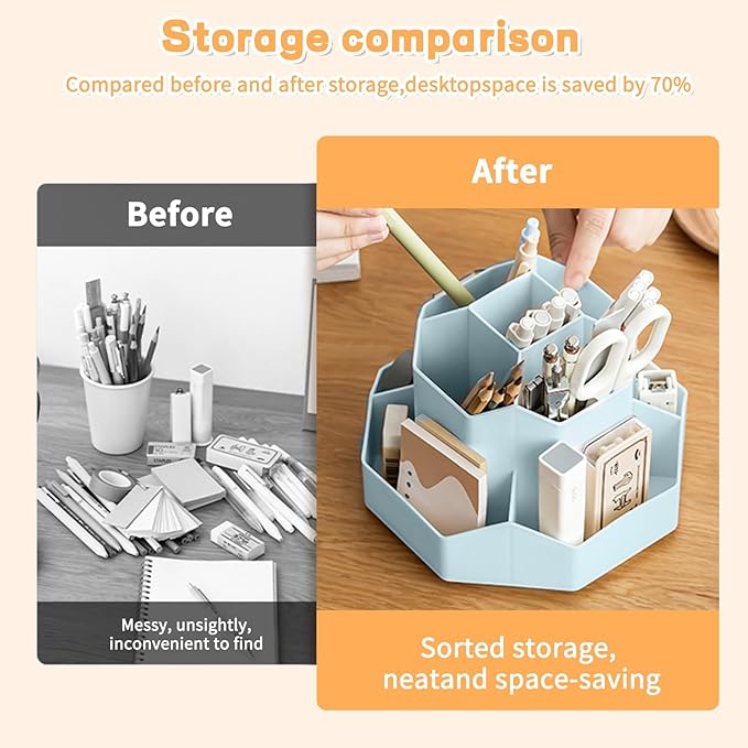Pencil Pen Holder for Desk,9 Slots 360 Degree Rotating Desk Organizers,Desktop Storage Stationery Supplies Organizer, Cute Pencil Cup Pot For Office, School, Home(Blue)