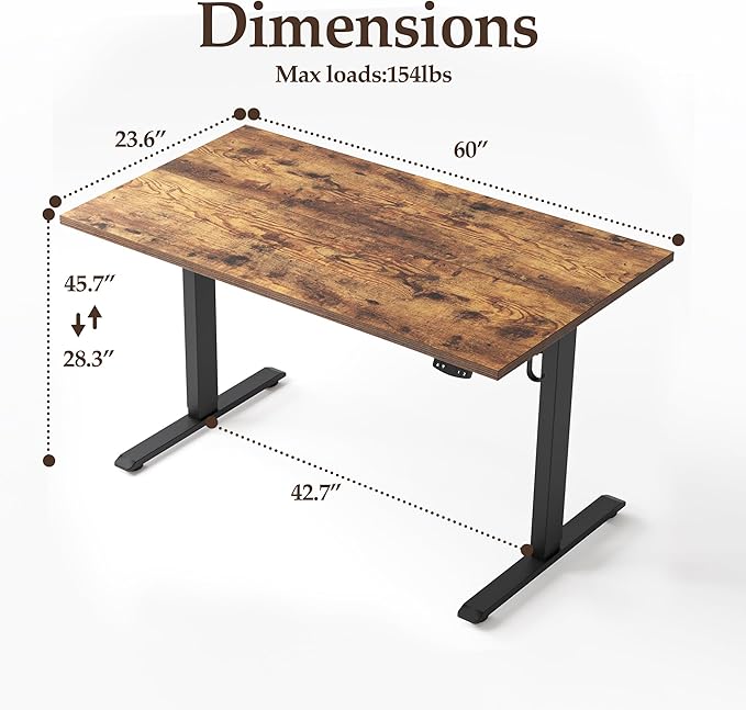 Klicelor 60 Inch Large Electric Standing Desk, Height Adjustable Office Desk, Sit Stand Up Computer Gaming Desk with Memory Preset, Two-Piece Desktop, Rustic Brown