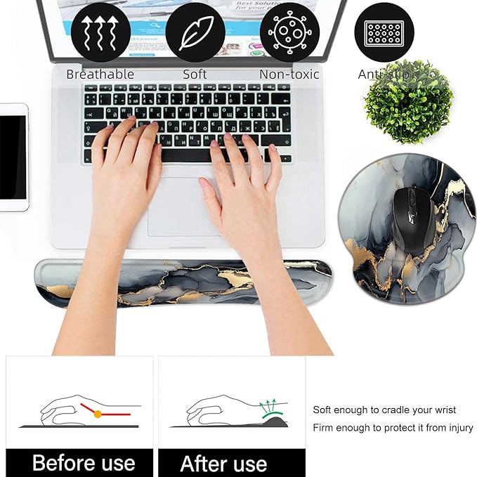 Keyboard Wrist Rest and Mouse Pad Wrist Support Set,Ergonomic Memory Foam Wrist Pad & Non Slip Base for Home Office Working Studying Easy Typing,Pain Relief(Black Gold Marble)
