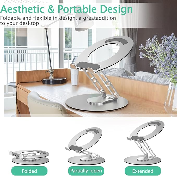 Laptop Stand for Desk Adjustable Computer Stand with 360 Rotating Base Ergonomic Laptop Riser Mount for Desk Foldable Protable Computer Desk Fits with MacBook Pro Air, Round