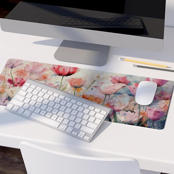 Pink Spring Tulip Floral Mouse Pad,Summer Flower Mouse Pads,Aesthetic Romantic Flower Desk Mat,Elegant Botanical Cottagecore Floral Desk Mat for Home Office Dorm Desktop Decor,31.5x11.8 Inch