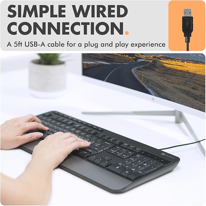 X9 Wired Keyboard - Comfortable Typing - Ergonomic Full Size USB Keyboard with Wrist Rest, Number Pad, Multimedia and 114 Keys - External Computer Keyboard for Laptop, Desktop and Office PC