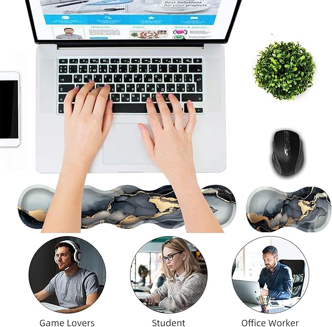 Keyboard Wrist Rest and Mouse Pad Wrist Support Set,Ergonomic Memory Foam Wrist Pad & Non Slip Base for Home Office Working Studying Easy Typing,Black Gold Marble