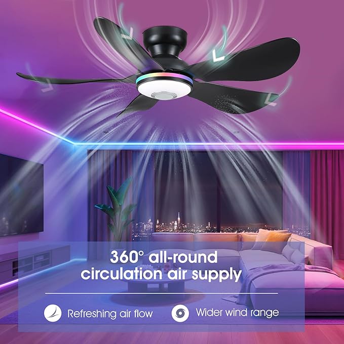 46" Ceiling Fans with RGB Lights Remote/APP Control, Low Profile, 3 CCT Dimmable White Lights+RGB Ring Lights+Music Player, 5 Reversible Plastic Blades 6 Speeds for Kidsroom, Black