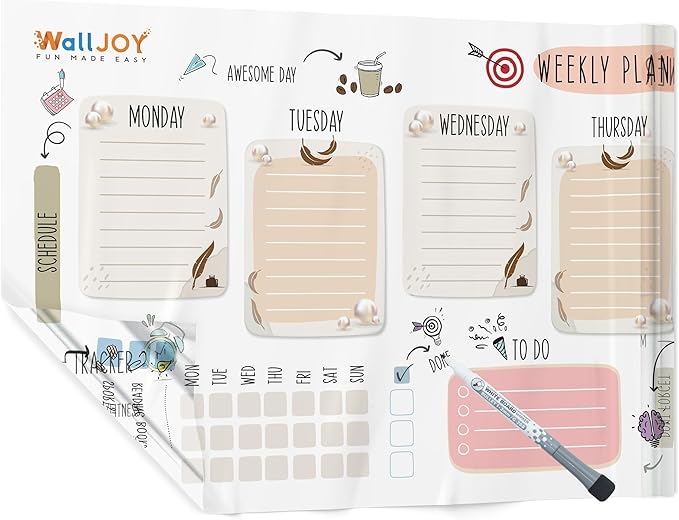 Dry Erase Calendar – 39.4x16” Weekly Dry Erase Board for Wall, Clear Weekly Planner Whiteboard, Adhesive-Free Calendar Whiteboard Sticks to Any Smooth Surface, Weekly Schedule Whiteboard