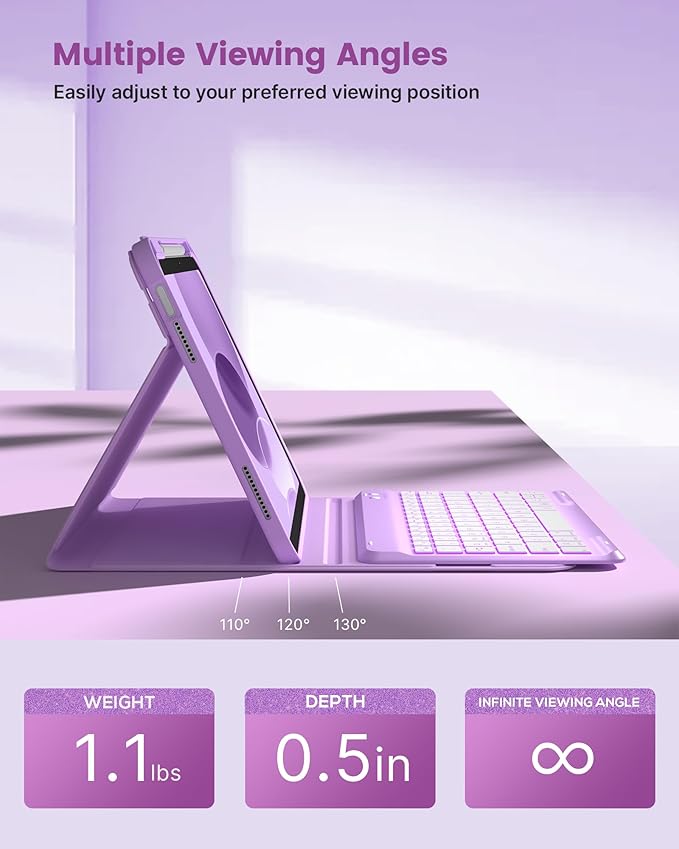 typecase Folio Keyboard Case for iPad 10th Gen 10.9 inch (2022) and iPad 11th (A16, 2025), Magnetic Wireless Detachable Keyboard, 7-Color Backlight, Thin & Light, Pencil Holder – Purple Glitter