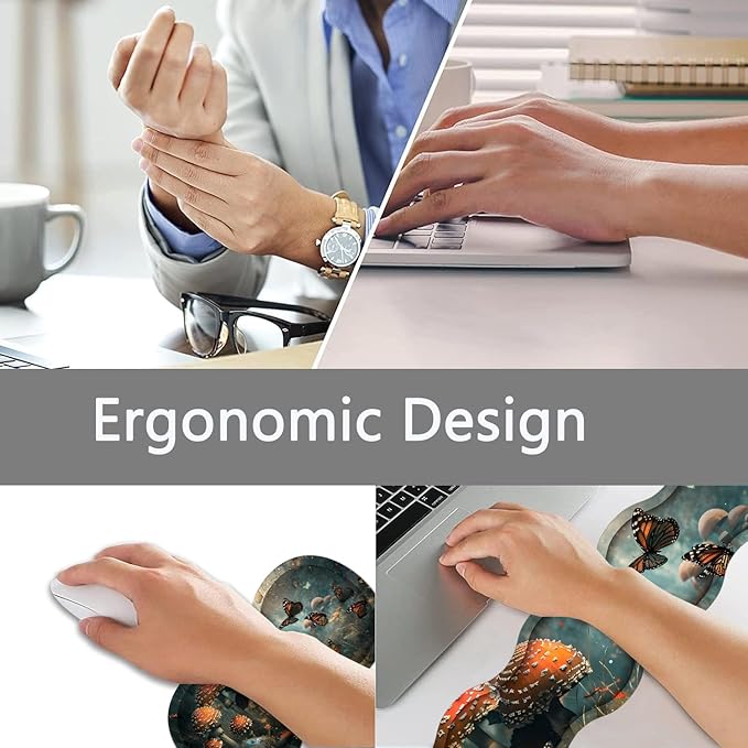 Large Gaming Mouse Pad + Keyboard Wrist Rest + Wrist Support + Coaster Set, Memory Foam Ergonomic for Easy Typing, XXL Extended Gaming Mouse Pad Table Pad - Mushroom Forest Butterfly