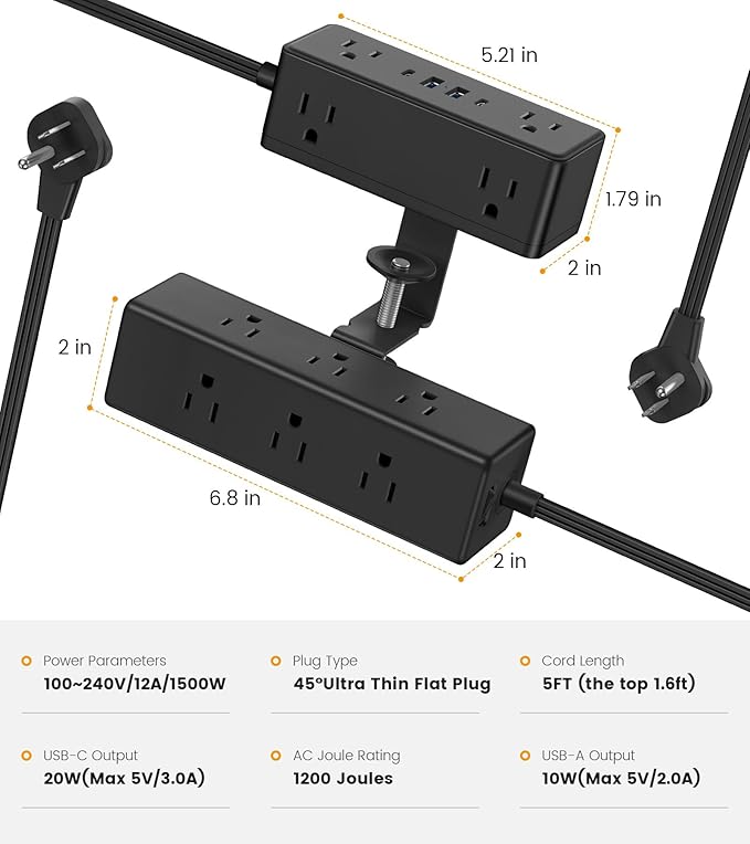 Dual Layer Desk Clamp Power Strip with 4 USB Ports(20W USB-C) & 15 AC Outlets, Desktop Edge Mount Surge Protector, Ultra Thin Flat Plug & 5FT Power Cord for Office Home(ETL Listed)