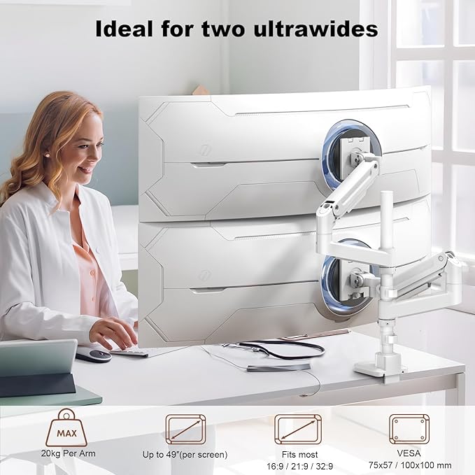 Dual Monitor-Arm Heavy-Duty for 17-49-inch Screens - Vertical Stacked Dual Monitor Mount Stand for Ultrawide Screens up to 44lbs, Aluminum,Full Motion, VESA 75/100 mm, White