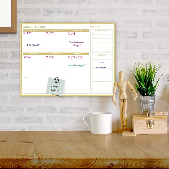 Dry Erase White Board Weekly Calendar Board, Magnetic Whiteboard for Wall, Gold Aluminum Frame Message Board, Horizontal, 17“x13“, Planner Board for Office, Home, Schooll(Weekly-BB-Gold-3343-L)