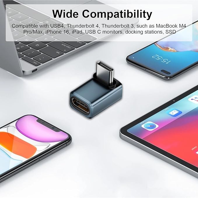 Poyiccot 90 Degree USB C Adapter【240W Charging/ 80Gbps Data/ 8K@60Hz Video】 Right Angle USB C Adapter Thunderbolt 5 Type C Extender Compatible for Laptop, MacBook,iPhone 16, Steam Deck, 3-Pack