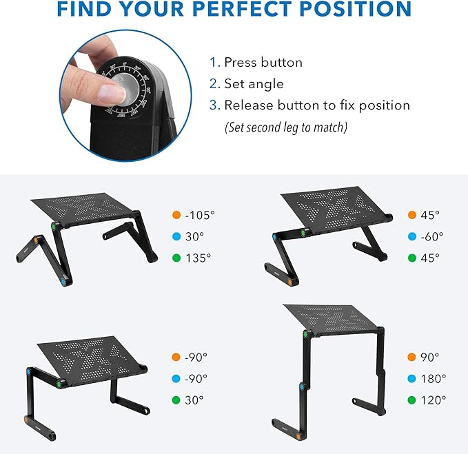 Mount-It! Adjustable Laptop Stand & Lap Desk, Large Aluminum Laptop Tray with 360° Rotating Legs, Portable Sit-Stand Laptop Desk for Bed, Couch, Desk & Floor, Ventilated Surface
