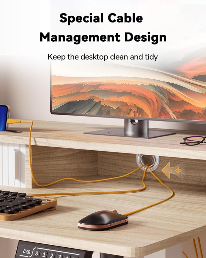 JOY worker Small Electric Standing Desk, 35" x 25" Height Adjustable Desk with Built-in Monitor Stand & Storage Drawer, White Sit Stand Desk with 2 Hooks for Home Office, Light Walnut