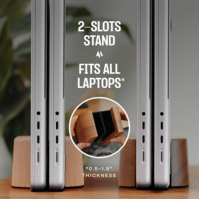 Adjustable Dual Vertical Laptop Stand for Desk, Wooden Laptop Holder, MacBook Pro Stand, Wood Mac Air Dock