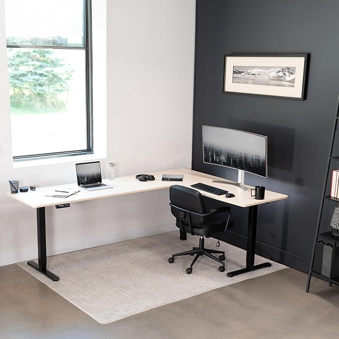 VIVO Corner Standing Desk, 84 x 63 inch Reversible L-Shaped Workstation, Electric Height Adjustment, Home, Office, and Reception Rooms, Light Wood Table Top Black Frame, DESK-E3CTBC-84