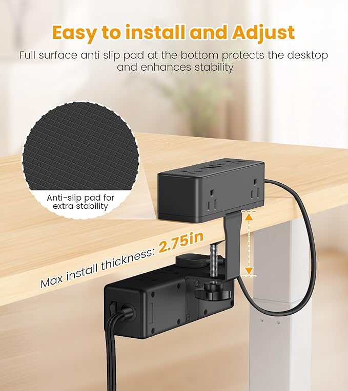 Dual Layer Desk Clamp Power Strip, Desktop Edge Mount Surge Protector with 15 AC Outlets & 4 USB Ports(20W USB-C), Ultra Thin Flat Plug & 10FT Power Cord for Office Home(ETL Listed)