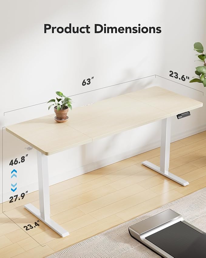 Marsail 63x24 Electric Standing Desk - Adjustable Height Computer Desk with Memory Presets, Storage Bag & Cable Management for Home Office & Gaming Workstations