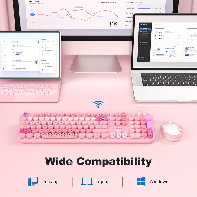 KNOWSQT Wireless Keyboard and Mouse Combo - Lovely Pink Rainbow 2.4G Full-Sized Colorful Keyboards, Round Keycap USB Dongle Plug Play Cute Keyboards for Windows, Laptop, PC, Desktop, Mac