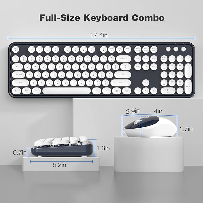 KNOWSQT Wireless Keyboard and Mouse Combo - White-DarkBlue Full-Sized 2.4 GHz 104 Keys Typewriter Keyboard, Flexible Round Keycap and Optical Mouse for Windows, Computer, PC, Laptop, Desktop, Mac