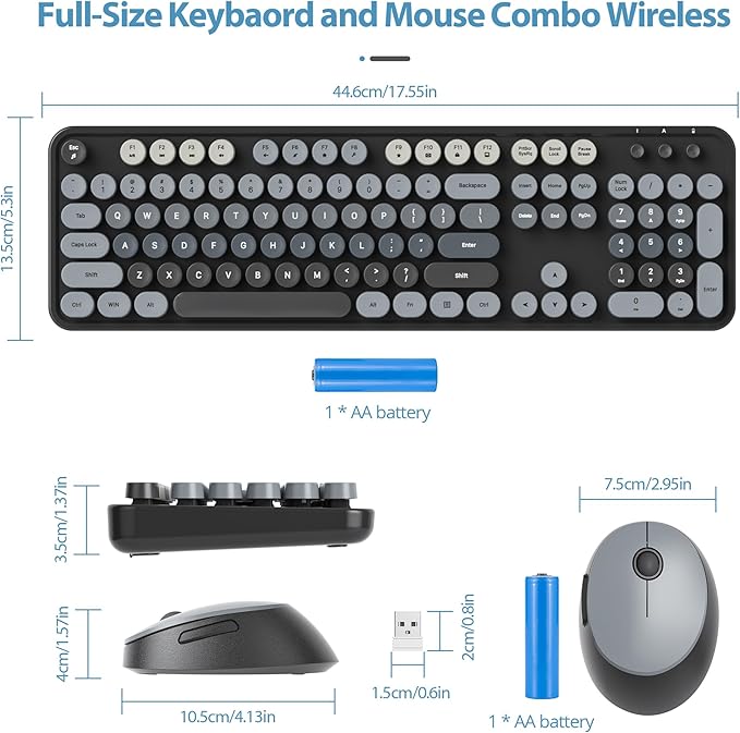 Black Keyboard and Mouse Combo Wireless, 2.4G Full Size 104-Key Retro Typewriter Keyboards Round Keys for Students Teenagers Home Office PC Laptop(Black Gray)