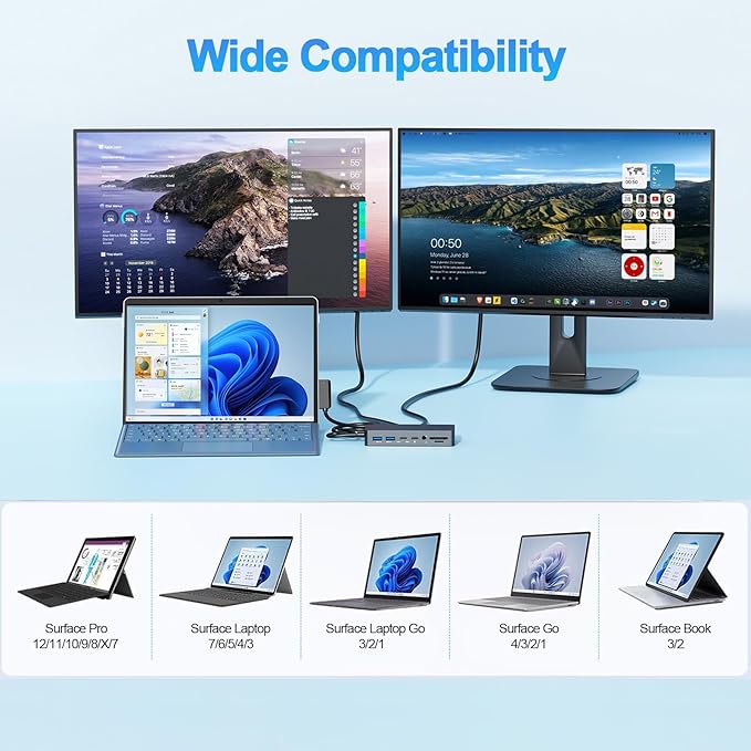 Surface Thunderbolt 4 Dock Triple Displays, 11 in 1 Surface USB4 Dock Docking Station with 4K HDMI+DP+VGA for Surface Pro 12/11/10/9/8/X/7+/7, Laptop 7/6/5/4/3, Laptop Studio 2/1, Go 4/3/2/1
