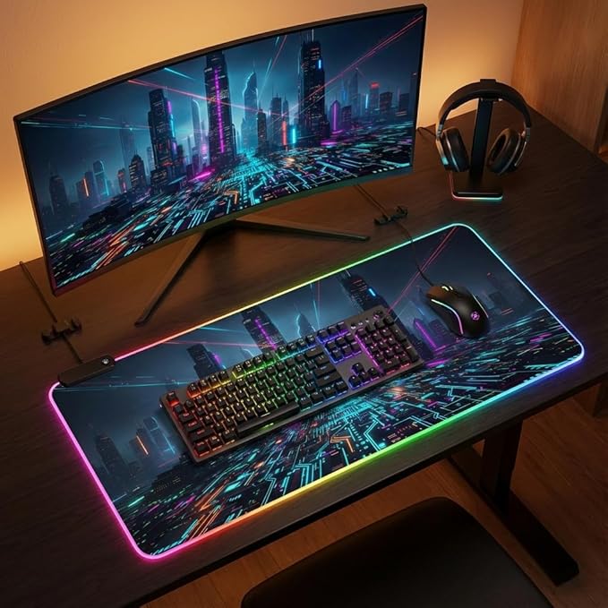 Cyberpunk Circuit RGB Gaming Mouse Pad – 31.5"x11.8" Large LED Desk Mat with Futuristic Circuit Board Design, Non-Slip Rubber Base & Durable Stitched Edge for PC & Laptop Setup(06)