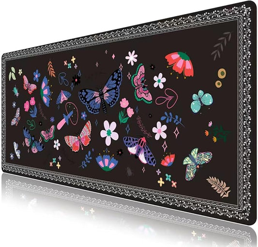 Mouse Pad, Cute Cool XXL Large Desk Mat for Desk Cover, Anti-Slip Big Mousepad with Stitched Edges, Keyboard Mat for Computer Desktop Table Protector I Midnight Colorful Butterfly