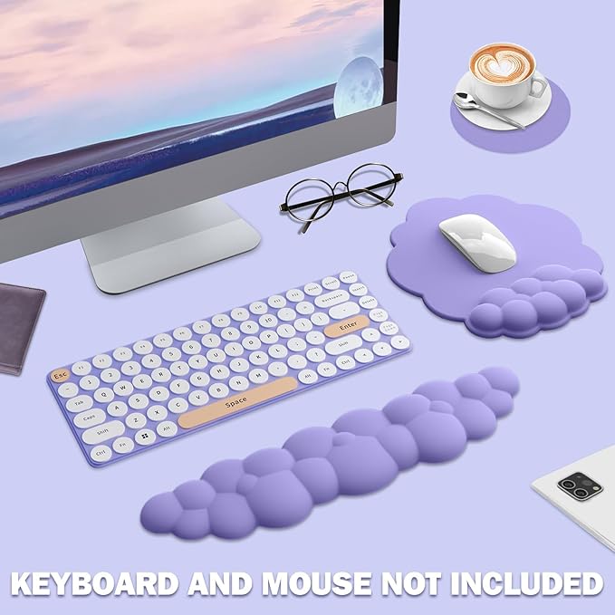 Cloud Keyboard Wrist Rest and Mouse Pad with Wrist Support Set, Ergonomic PU Leather Mousepad, Pain Relief Memory Foam Non-Slip for Computer,Laptop,Lavender Purple