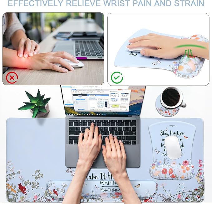 MEGREZ 4-in-1 Ergonomic Memory Foam Wrist Rest Set, Desk Pad, Mouse Pad with Wrist Rest, Keyboard Pad, Suitable for Office Workers, Programmers & Gamers–Relieve Typing & Gaming Fatigue, Light Blue