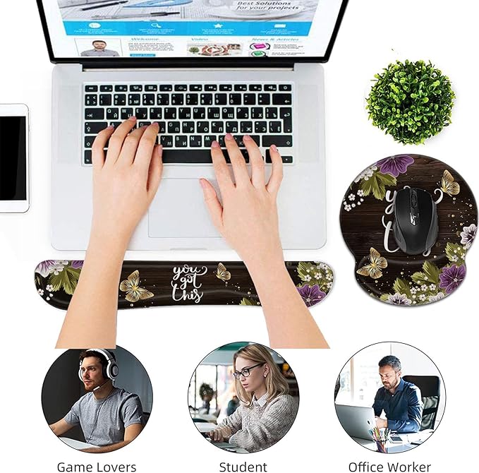 Bxgolkgd Keyboard Wrist Rest and Mouse Pad Wrist Support Set,Ergonomic Memory Foam Wrist Pad & Non Slip Base for Home Office Working Studying Easy Typing,Pain Relief,Flower Butterfly You Got This