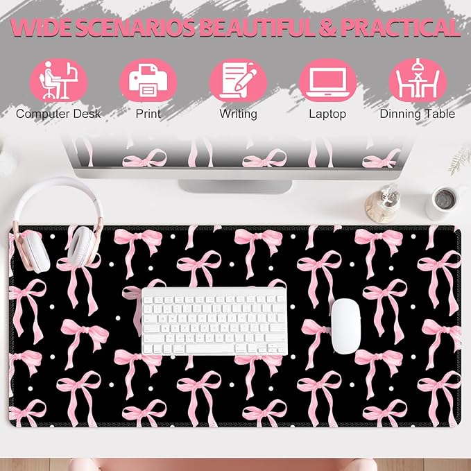 Desk Pad for Keyboard and Mouse, Large Mouse Pad for Desk, Non-Slip Keyboard Mat, Computer Mats for Desk, Cute Desk Pad with Stitched Edges for Office, Gaming I Black Pink Bow