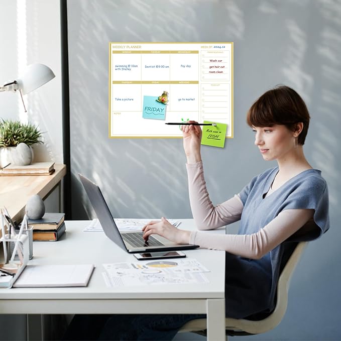 Dry Erase White Board Weekly Calendar Board, Magnetic Whiteboard for Wall, Gold Aluminum Frame Message Board, Horizontal, 17“x13“, Planner Board for Office, Home, Schooll(Weekly-BB-Gold-3343-L)