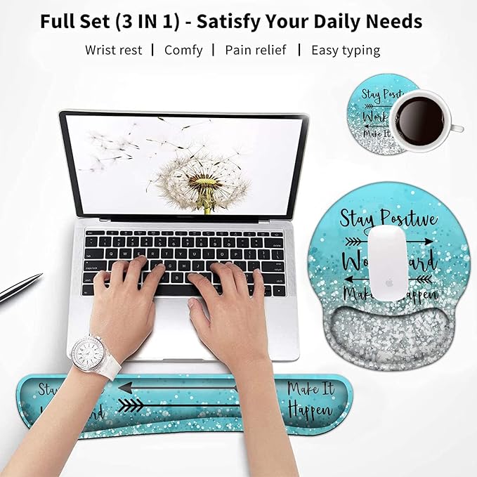 Keyboard Wrist Rest and Mouse Pad with Wrist Support, Ergonomic Mouse Pad Coaster,Easy Typing Pain Relief,Keyboard Mousepad Set,Stay Positive Work Hard and Make It Happen Blue Glitter