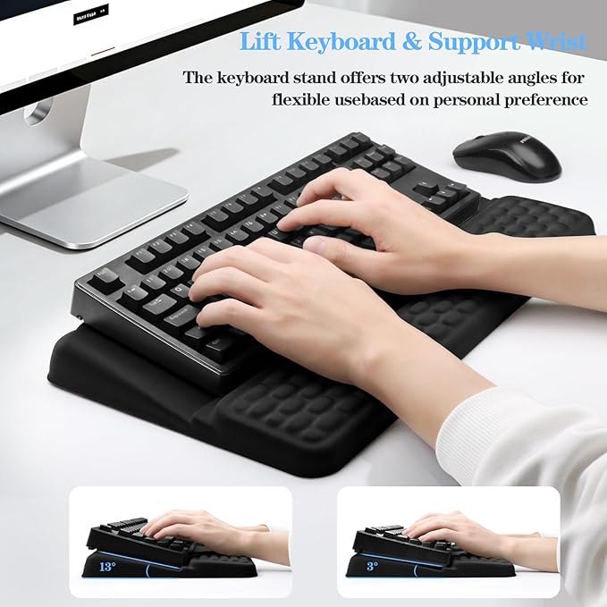 Keyboard Stand with Wrist Rest, Computer Wrist Support Pad, Ergonomic Comfy Tilted Keyboard Holder Lift Tray with Wrist Pad, Soft Memory Foam Desk Cushion for Office Home (Black)