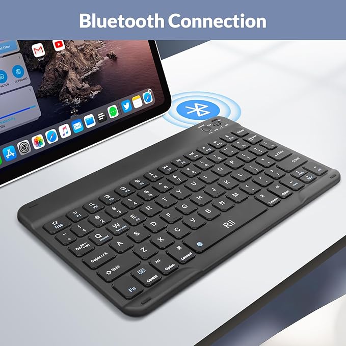 Rii RK302 Ultra-Slim Bluetooth Keyboard for ipad,iPhone,Android,Samsung,Windows,Mac,Linux,Tablet,Laptop, Rechargeable Ergonomic Wireless Keyboard,Black
