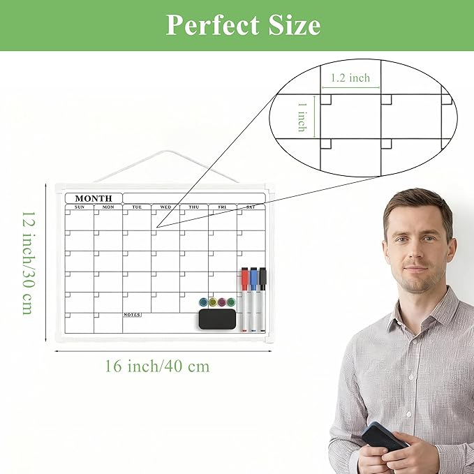 Monthly Whiteboard Calendar for Wall, 16" x 12" Small Hanging Dry Erase Calendar, Double-Sided White Board for Office, School, Kitchen, Kids Room