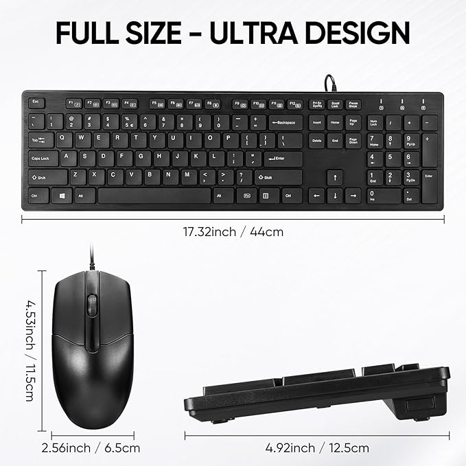 Wired Keyboard and Mouse Combo, Full-Sized Ergonomic Computer Keyboard and Optical Wired Mouse for Windows, Mac OS Desktop/Laptop/PC-Black
