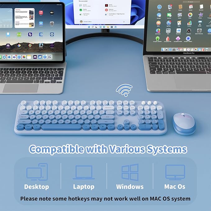 Wireless Keyboard and Mouse Combo, 2.4GHZ Typewriter Retro Full Size Keyboards, Cute Colorful Computer Keyboard and Wireless Mouse for Laptop/Desktop/Windows/PC (Blue Gradient)